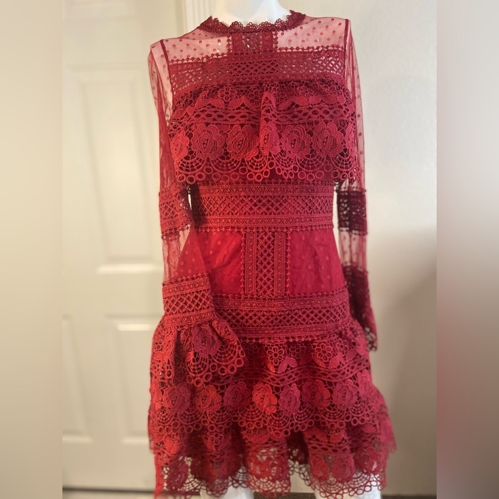 Red Lace Long Sleeve Mini Dress